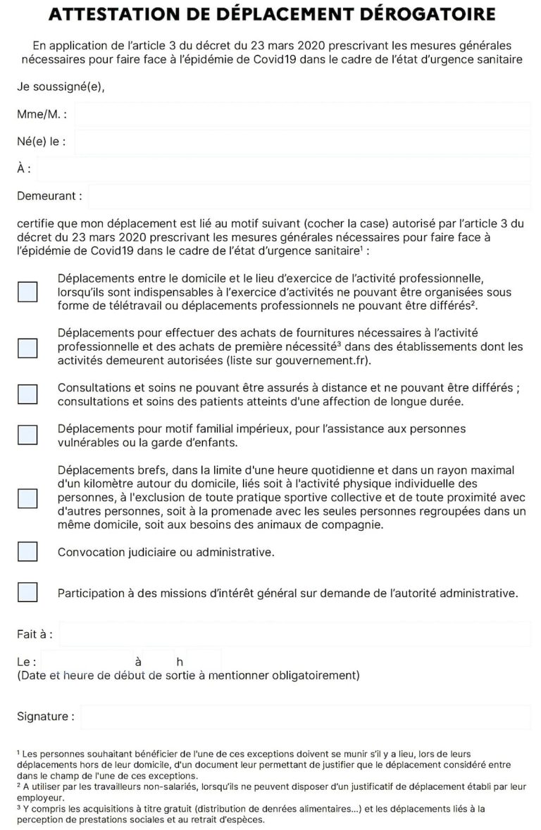 Nouvelle attestation dérogatoire coronavirus