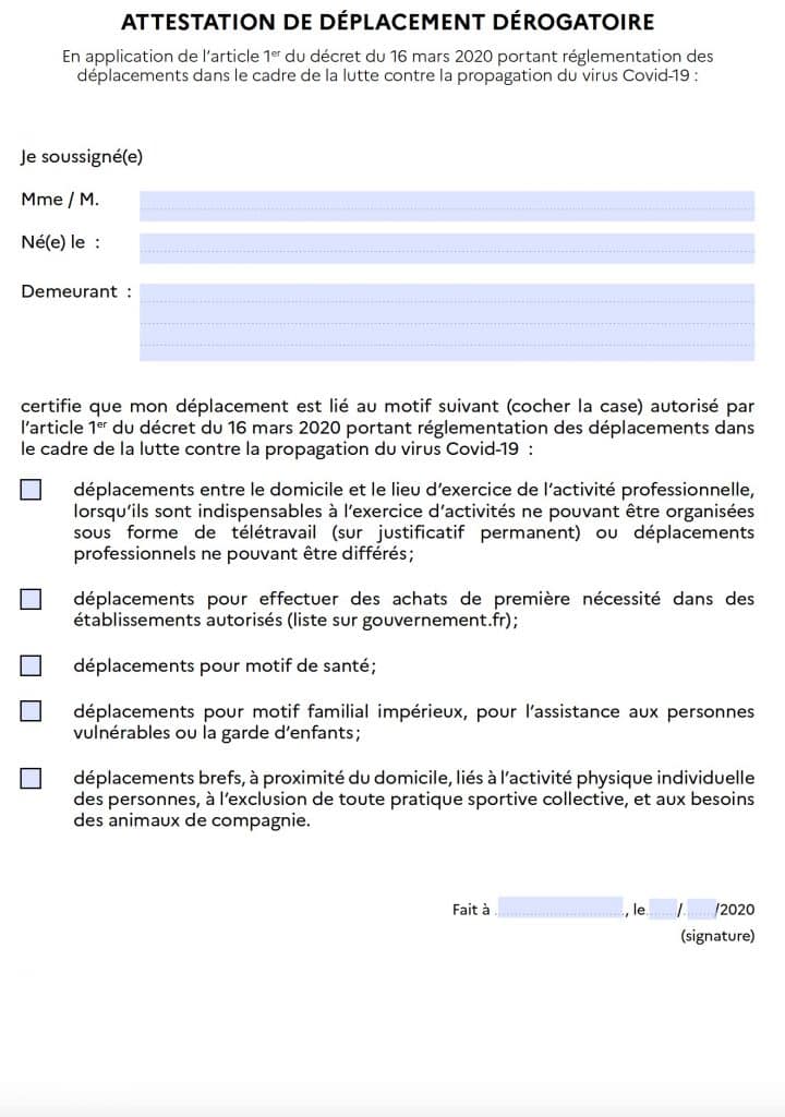 attestation dérogatoire à télécharger