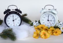 deux réveils sont posé sur de la neige et des fleurs pour marquer le changement d'heure