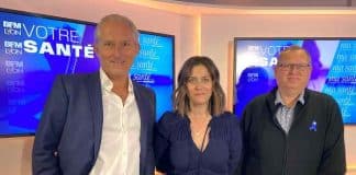 Pascal Auclair (ma Santé), Aline Picard (BFM TV Lyon) et Stéphane Canque, atteint de fibromyalgie, le 16 mai 2023.