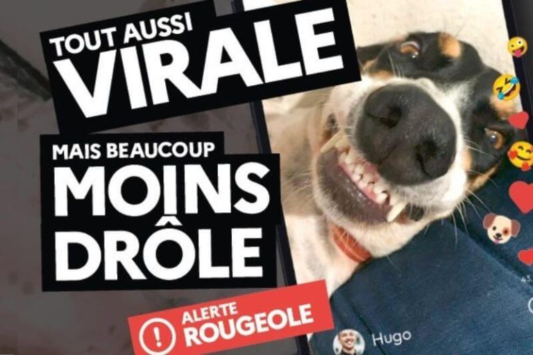 Le visuel de la campagne de sensibilisation vaccinale contre la rougeole, réalisé par l'Agence régionale de la santé d'Auvergne-Rhône-Alpes, présente le slogan accompagné d'un smartphone diffusant une vidéo virale mettant en scène un chien.
