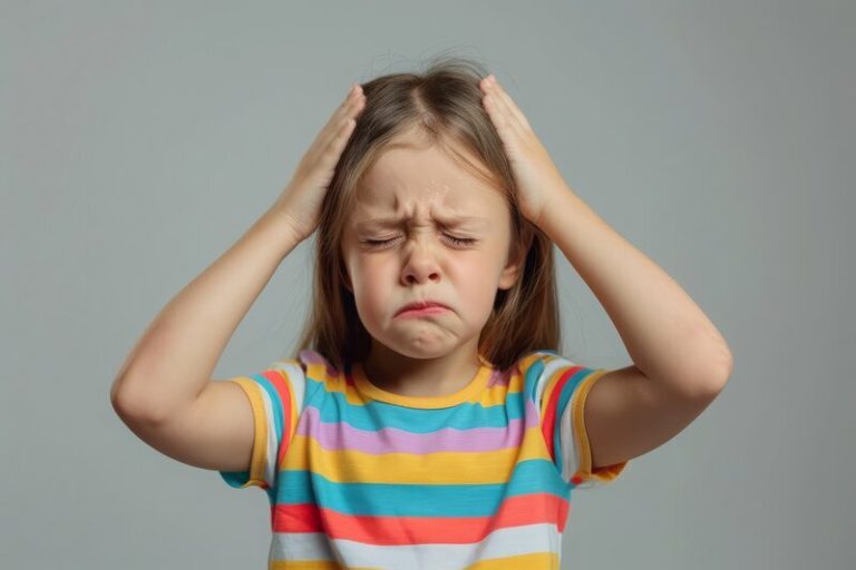 Une enfant qui souffre de crise de migraine et qui se tient la tête de douleur.