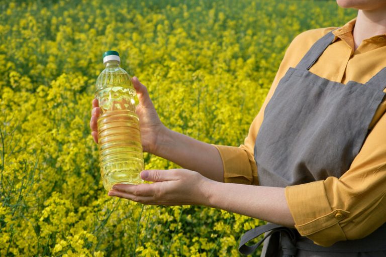 Une femme qui tient une bouteille d'huile de colza dans un champ de colza.