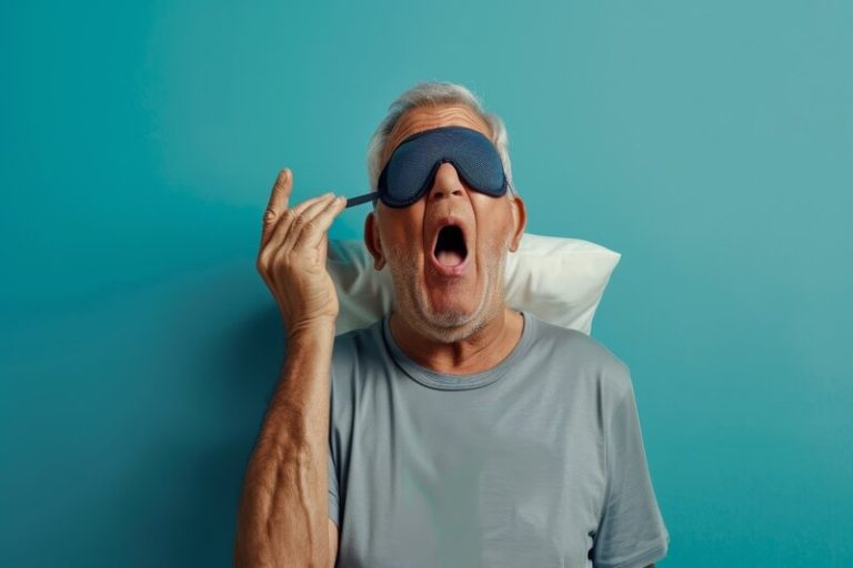 Une personne âgées avec un masque de sommeil qui baille.