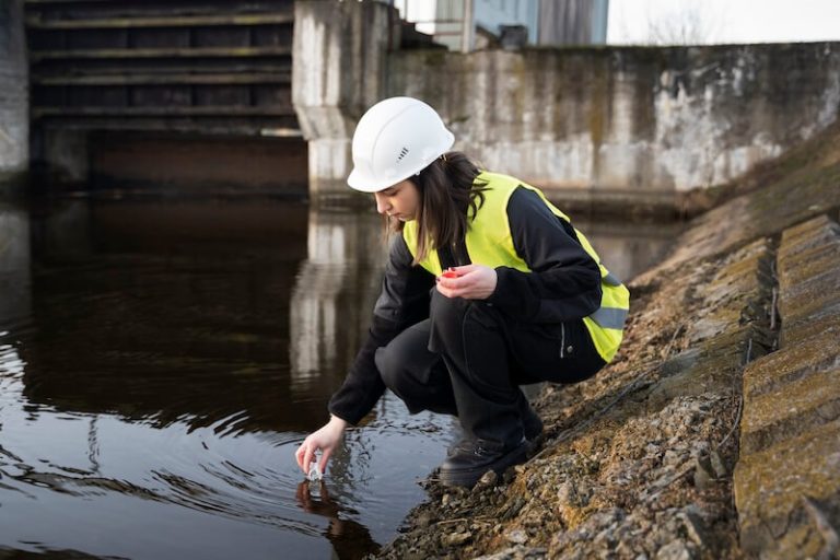 Une inspectrice effectue un prélèvement pour vérifier la conformité des rejets d'eau sur un site industriel.