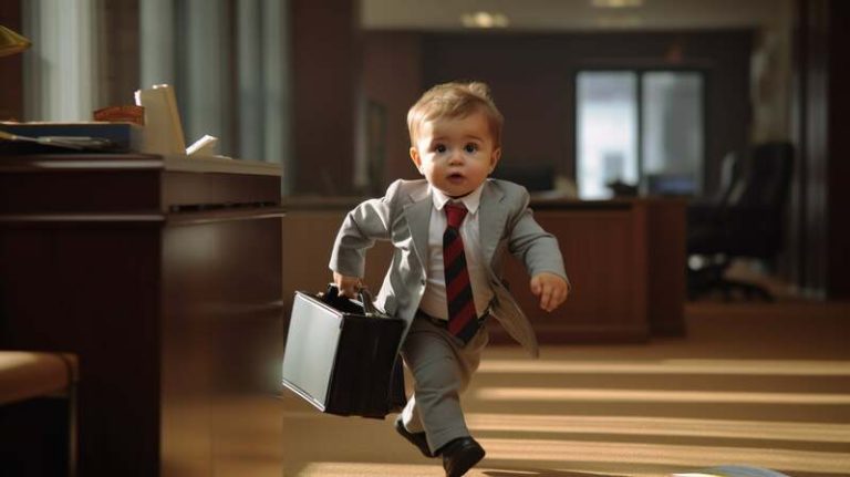 Un enfant en costume qui vit la vie d'un adulte qui travaille dans un bureau.