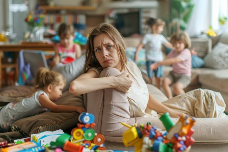 Une mère épuisée, en burn out parental, assise sur son canapé, entourée de ses enfants qui jouent et font du bruit.