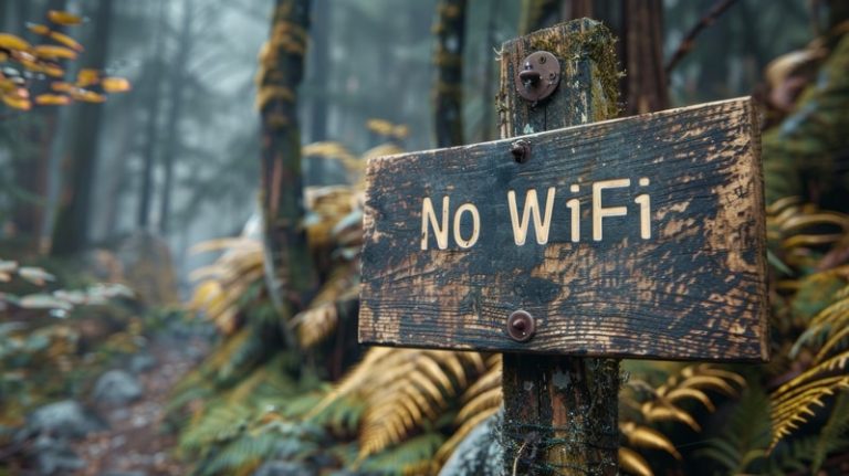 Un panneau indiquant un espace sans réseau en pleine forêt pour profiter d'un moment d'une digital detox.