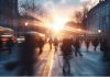 Mortalité : quelles sont les principales causes de décès en France ? Des passants se baladent en ville avec un coucher de soleil en fond.