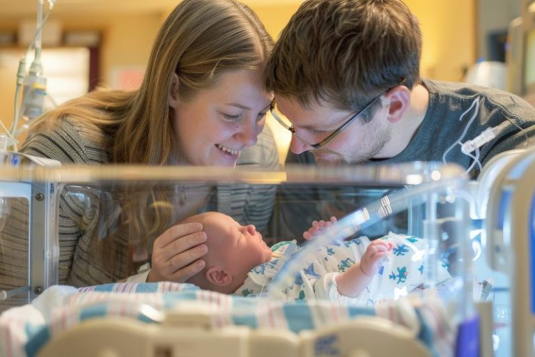 Deux parents contemplent avec admiration leur nouveau-né.