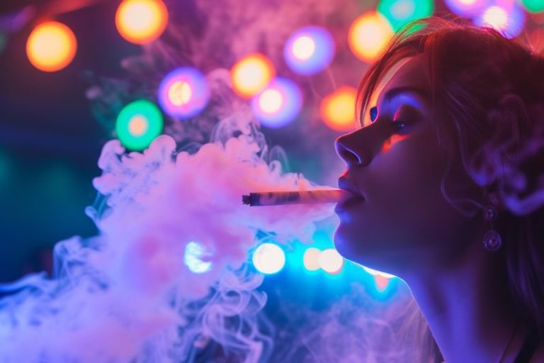 Une jeune femme fume lors d'une fête.