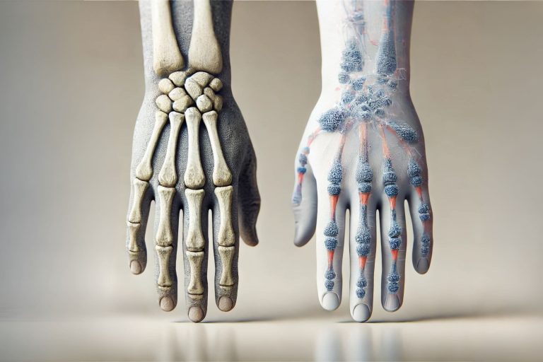 Deux main montrant la différence de l'arthite et de l'arthrose.