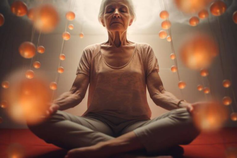 Une femme âgée et malade pratique le yoga pour mieux gérer son stress.
