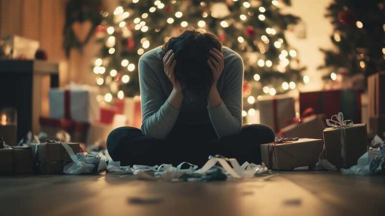Un jeune homme seul, assis par terre, la tête dans la main, souffrant de déprime et de solitude hivernale au moment des fêtes de fin d'année.