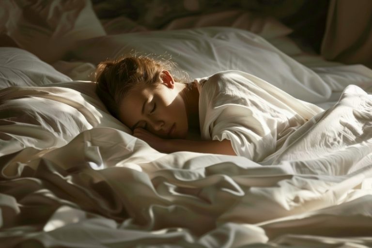 Une femme rêve dans son lit.