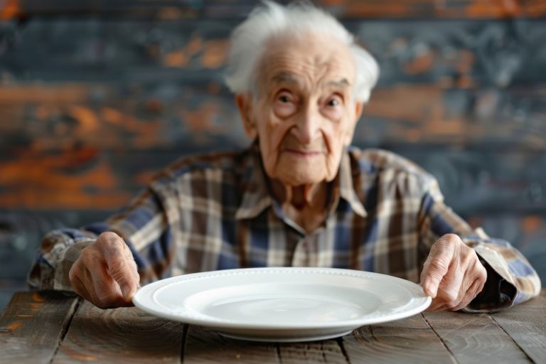 Une personne âgée à table, souffrant de dénutrition, devant une assiette vide.