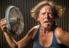 Une femme ménauposée souffrant de bouffées de chaleur qui essaie de se rafraîchir avec un ventilateur.