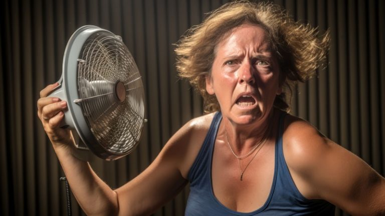 Une femme ménauposée souffrant de bouffées de chaleur qui essaie de se rafraîchir avec un ventilateur.
