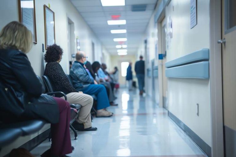 Des patients assis dans une salle d'attente d'un centre de vaccination contre la grippe.