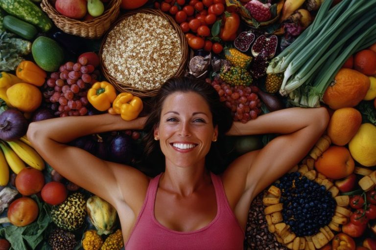 Une femme souriante allongée dans des fruits et légumes.