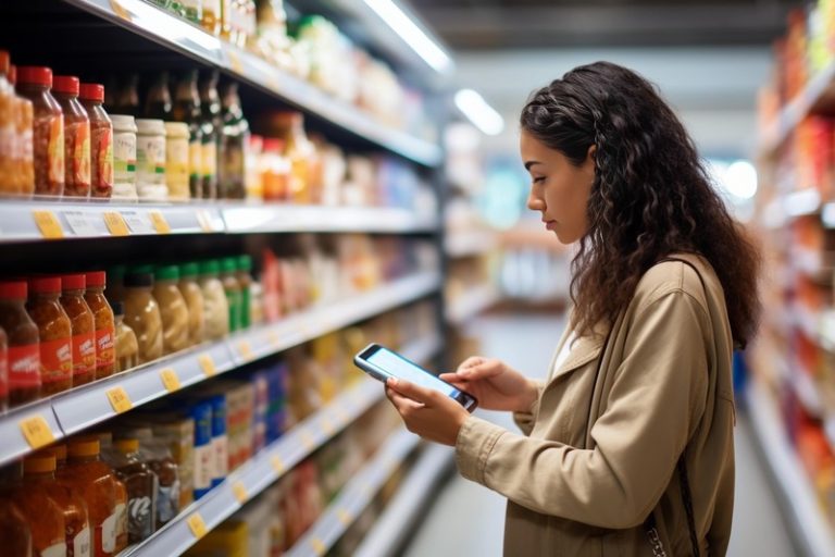 Une femme qui fait ses courses en grande surface et qui regarde les Nutri-Scores pour faire les bons choix de produits.