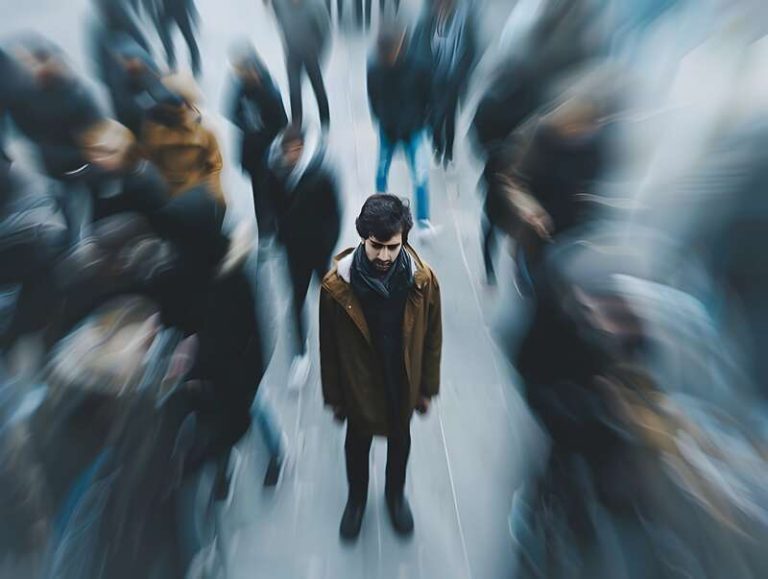 Un homme seule et malheureux au milieu d'une foule.