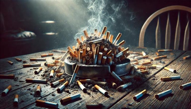 Un cendrier plein de cigarettes fumées.
