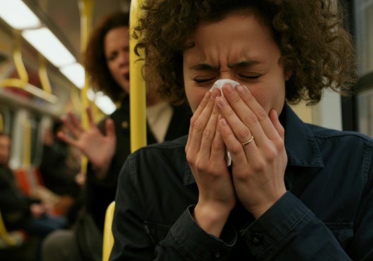 Une femme qui se mouche dans les transports en commun car elle est malade.
