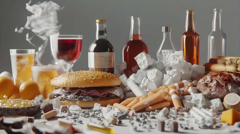 alcool, tabac, fastfood sur une table.