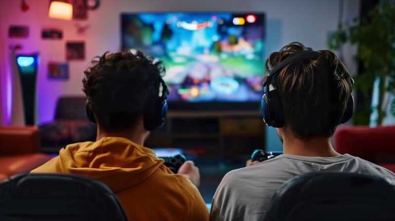 Deux adolescents en train de jouer à un jeu vidéo avec des casques sur les oreilles.