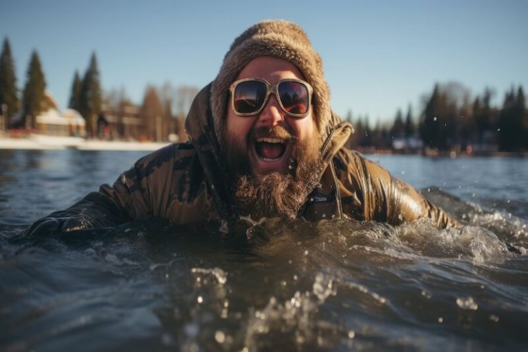 Un homme souriant qui se baigne en étant habillé.