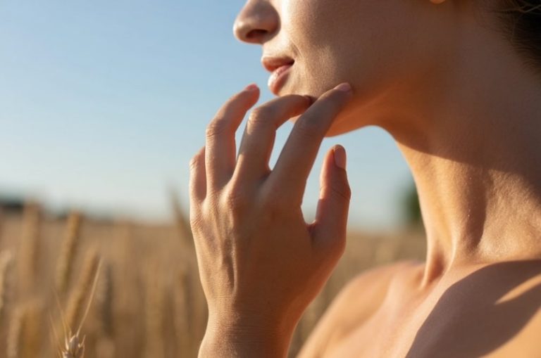 Une femme inquiète de sa peau au soleil.