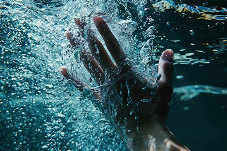 Un homme, sous l'eau, en train de se noyer.
