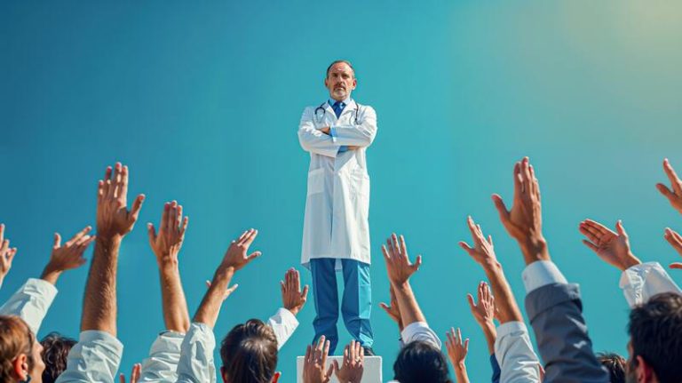 Un médecin sur un podium entouré par plein de gens qui demandent un rendez- vous pour illustrer la pénurie de médecins et les déserts médicaux