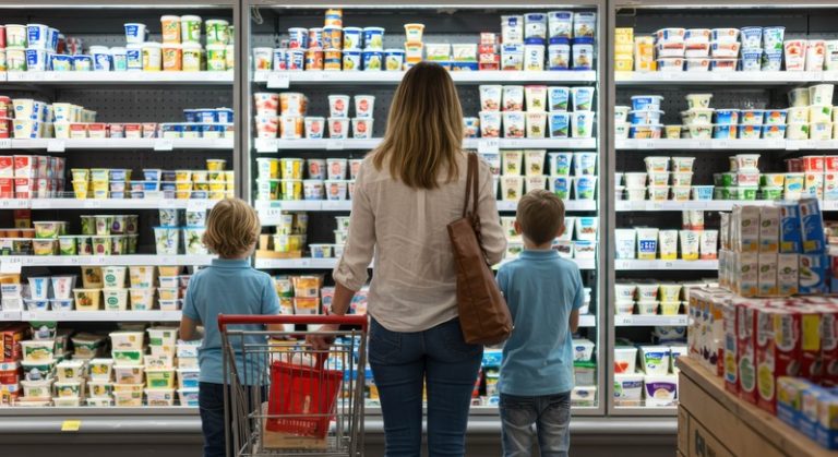 Une mère et ses enfants hésitent devant un rayon de produits laitiers pour enfants, symbole d’un marketing attractif mais souvent trompeur selon Foodwatch.