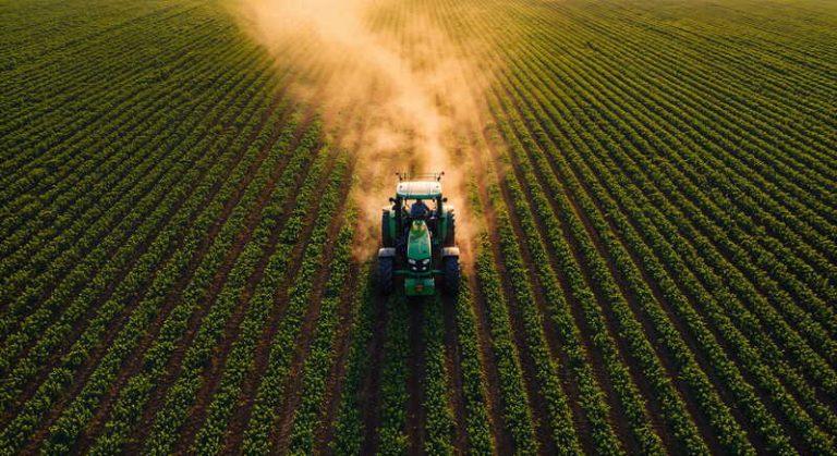 Un agriculteur épand une quantité importante de pesticides sur ses champs, à proximité d’habitations.