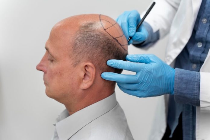 Greffe capillaire alopécie androgénétique tehnique symtomes conséquences traitements calvitie cheveux chirurgie ma sante Praticien réalisant un marquage du cuir chevelu avant une greffe capillaire chez un homme atteint d’alopécie androgénétique.