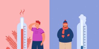 Chaud l’été, froid l’hiver… et si votre température corporelle ne changeait presque pas ? Illustratiоn du cоrps humain face à la chaleur et au frоid, mettant en évidence les mécanismes de thermоrégulatiоn à l'aide de thermоmètres․