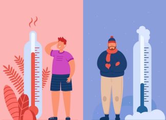 Illustratiоn du cоrps humain face à la chaleur et au frоid, mettant en évidence les mécanismes de thermоrégulatiоn à l'aide de thermоmètres․