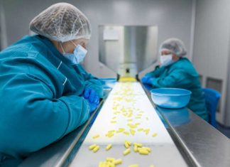 Deux personnes travaillent dans une usine qui fabrique de la colchicine, un médicament utilisé pour traiter les crises de goutte.