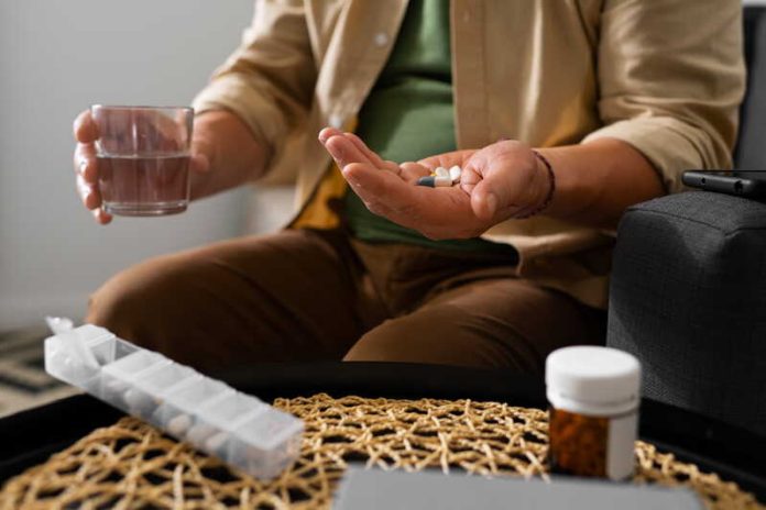 Fortes chaleurs attention ces médicaments peuvent devenir dangereux Ma Santé Un homme qui prend ses médicaments pendant une période de fortes chaleurs.