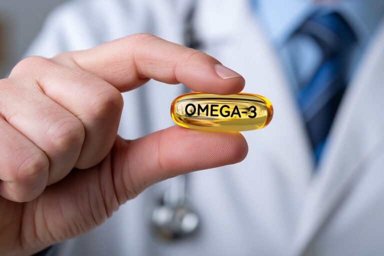 Un médecin en blouse blanche, portant un stéthoscope autour du cou, tient entre ses doigts une capsule dorée d'oméga-3.