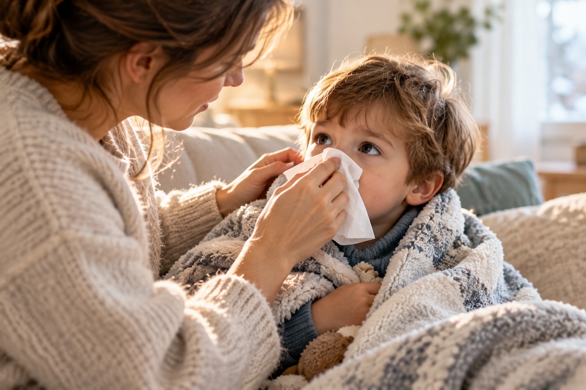 Une mère essuie le nez de son fils malade, emmitouflé dans une couverture sur le canapé.