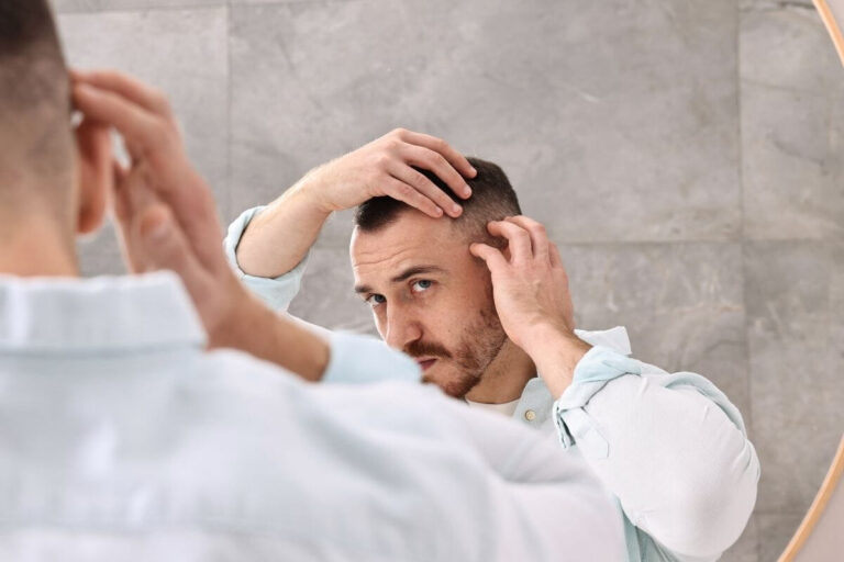 Un homme regarde sa ligne de cheveux dans un miroir en écartant ses mèches avec ses mains․