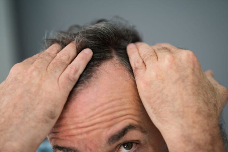 Gros plan sur un homme écartant ses cheveux avec ses mains et laissant apparaître son cuir chevelu au niveau des golfes.